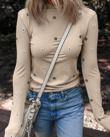 Floral Ribbed Embroidered Long Sleeve Top