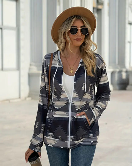 Geometric Zip Up Long Sleeve Hooded Jacket