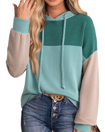 Women Drawstring Color Block Long Sleeve Hoodie