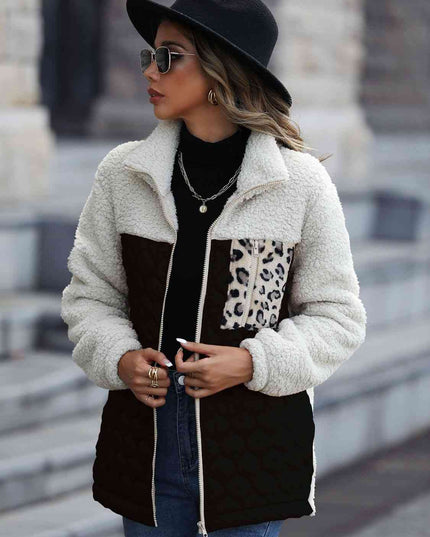 Women Leopard Color Block Zip-Up Jacket