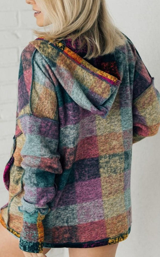 Women Multicolor Brushed Plaid Buttoned Pullover Oversized Hoodie