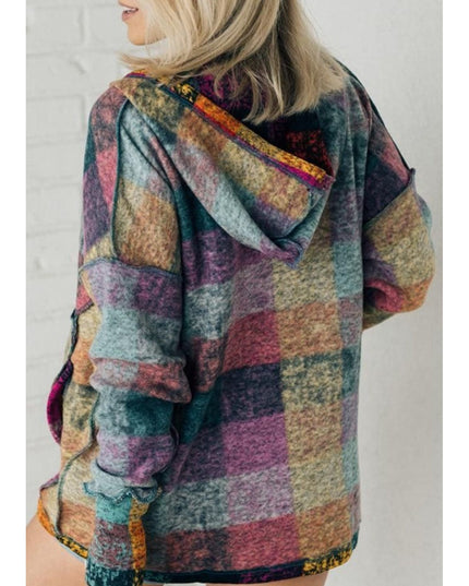 Women Multicolor Brushed Plaid Buttoned Pullover Oversized Hoodie