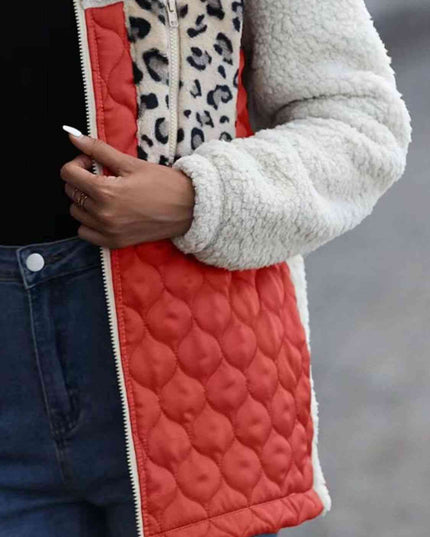 Women Leopard Color Block Zip-Up Jacket
