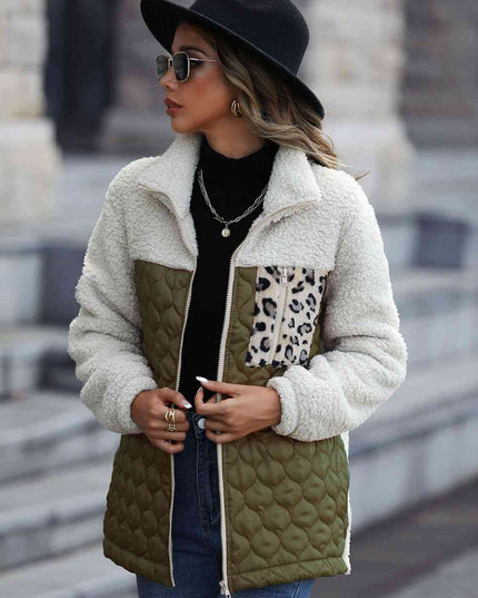 Women Leopard Color Block Zip-Up Jacket