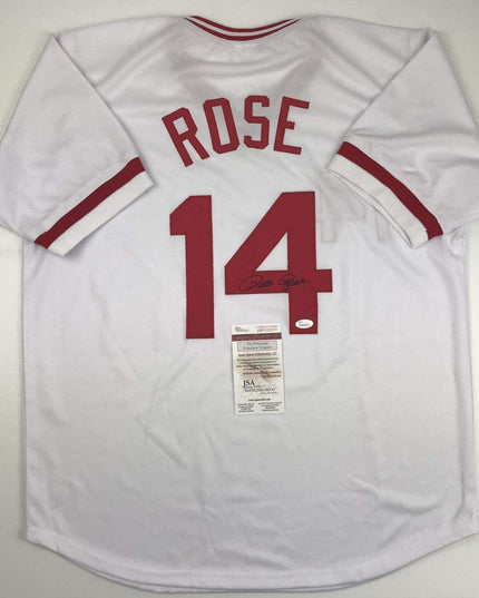 Autographed/Signed Pete Rose Cincinnati White Baseball Jersey JSA COA