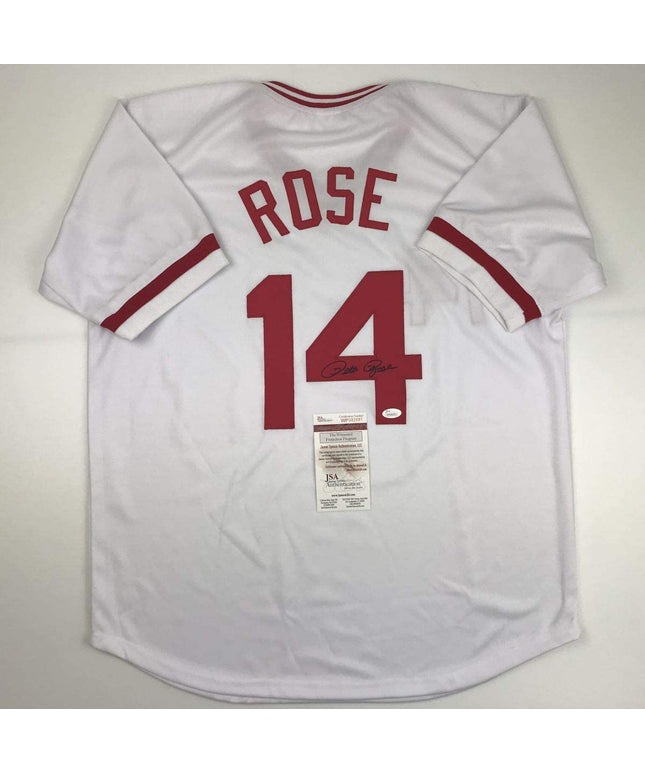 Autographed/Signed Pete Rose Cincinnati White Baseball Jersey JSA COA