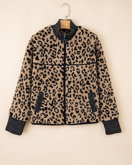 Leopard Zip-Up Stand Neck Side Pocket Jacket