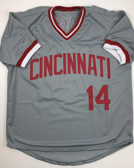 Autographed/Signed Pete Rose Cincinnati Grey Baseball Jersey JSA COA