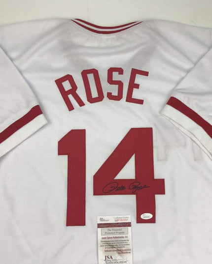 Autographed/Signed Pete Rose Cincinnati White Baseball Jersey JSA COA