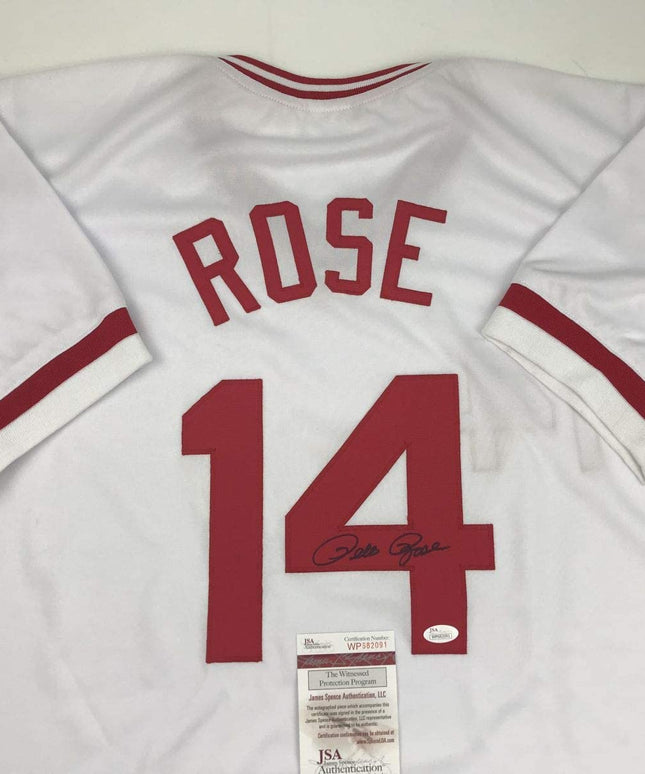 Autographed/Signed Pete Rose Cincinnati White Baseball Jersey JSA COA