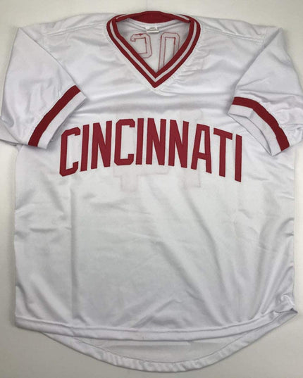 Autographed/Signed Pete Rose Cincinnati White Baseball Jersey JSA COA