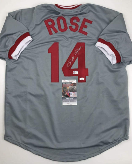 Autographed/Signed Pete Rose Cincinnati Grey Baseball Jersey JSA COA