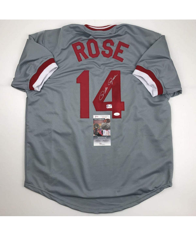 Autographed/Signed Pete Rose Cincinnati Grey Baseball Jersey JSA COA