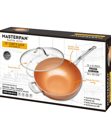 MASTERPAN Ceramic Nonstick Copper Color Wok & Glass Lid, 12" (30cm)