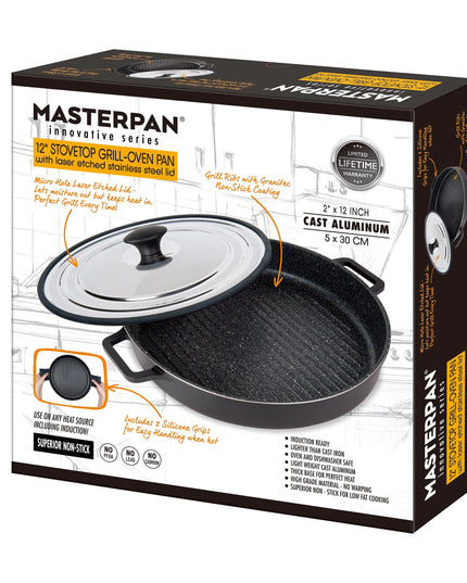 MASTERPAN Nonstick Stovetop Oven Grill Pan & Stainless Steel Lid, Black 12" (30cm)