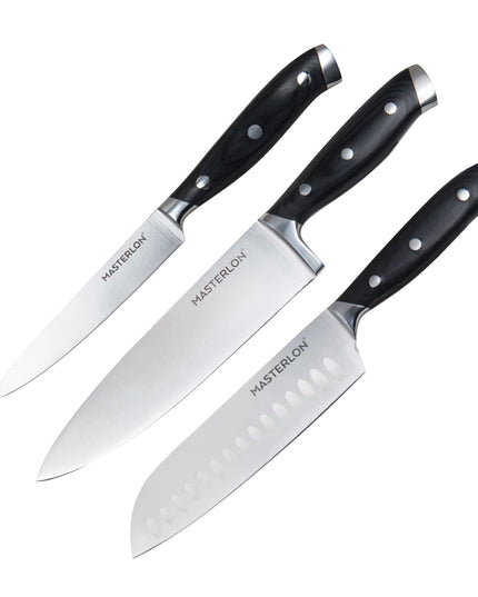 MASTERPAN Essential Chef’s Knife Bundle - 8" Chef’s Knife, 8" Slicer Knife & 7" Santoku Knife - Stainless Steel Blades with Protective Covers