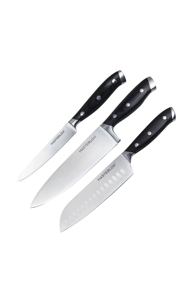 MASTERPAN Essential Chef’s Knife Bundle - 8" Chef’s Knife, 8" Slicer Knife & 7" Santoku Knife - Stainless Steel Blades with Protective Covers