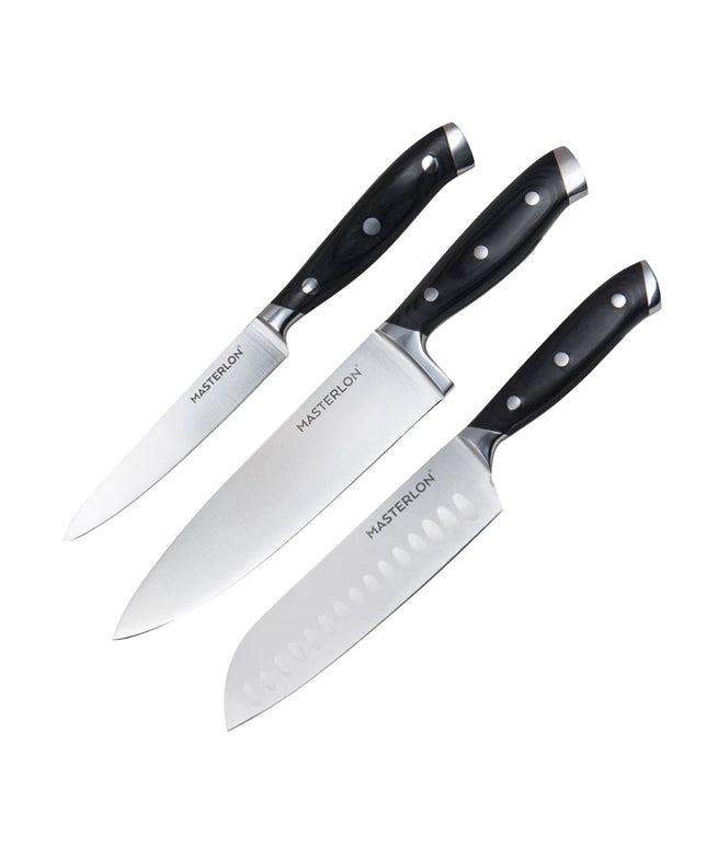 MASTERPAN Essential Chef’s Knife Bundle - 8" Chef’s Knife, 8" Slicer Knife & 7" Santoku Knife - Stainless Steel Blades with Protective Covers