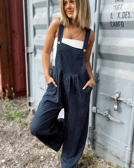 Plaid Print Buttoned Pocketed High Waist Jumpsuits