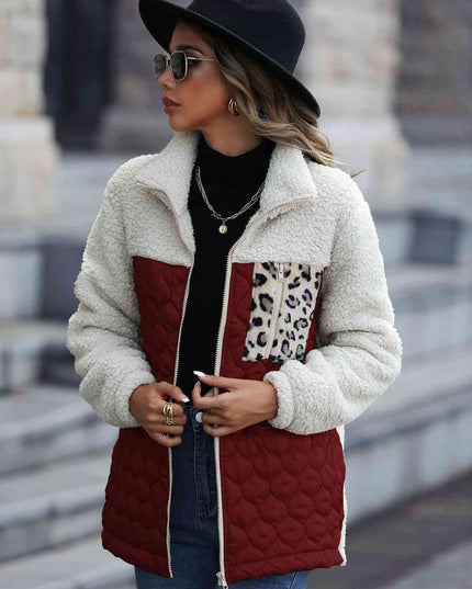 Women Leopard Color Block Zip-Up Jacket
