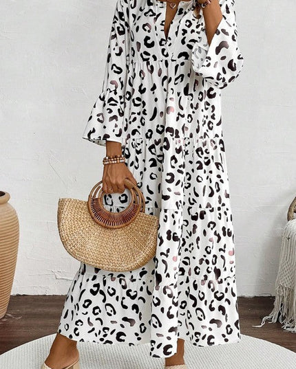 Leopard Print Notch V Neck Loose Fit Maxi Dress