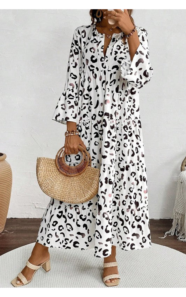 Leopard Print Notch V Neck Loose Fit Maxi Dress