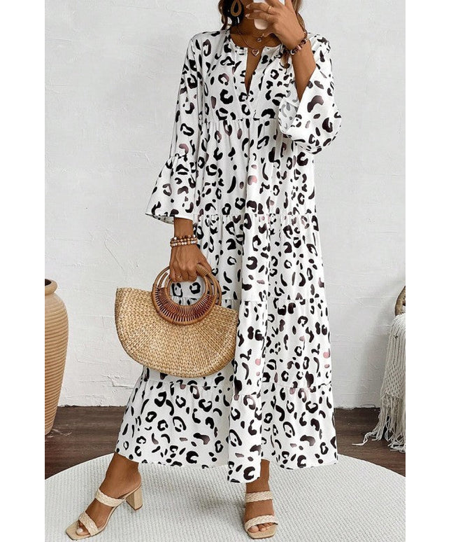 Leopard Print Notch V Neck Loose Fit Maxi Dress