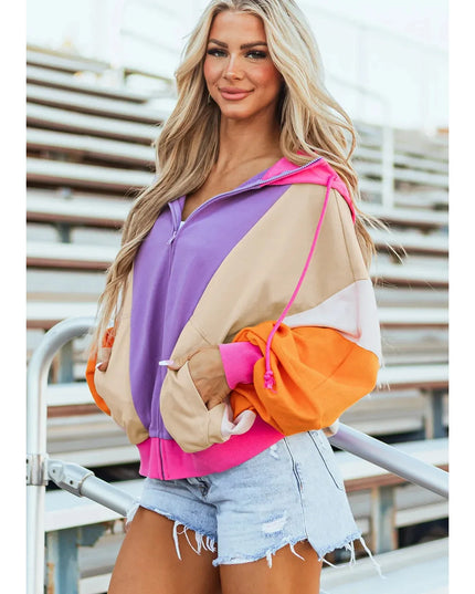 Women Drawstring Color Block Zip Up Long Sleeve Hoodie