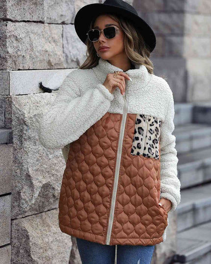 Women Leopard Color Block Zip-Up Jacket