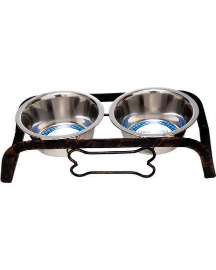 Country Living Rustic Dog Bone Elevated Feeder with 2 Stainless Steel Bowls