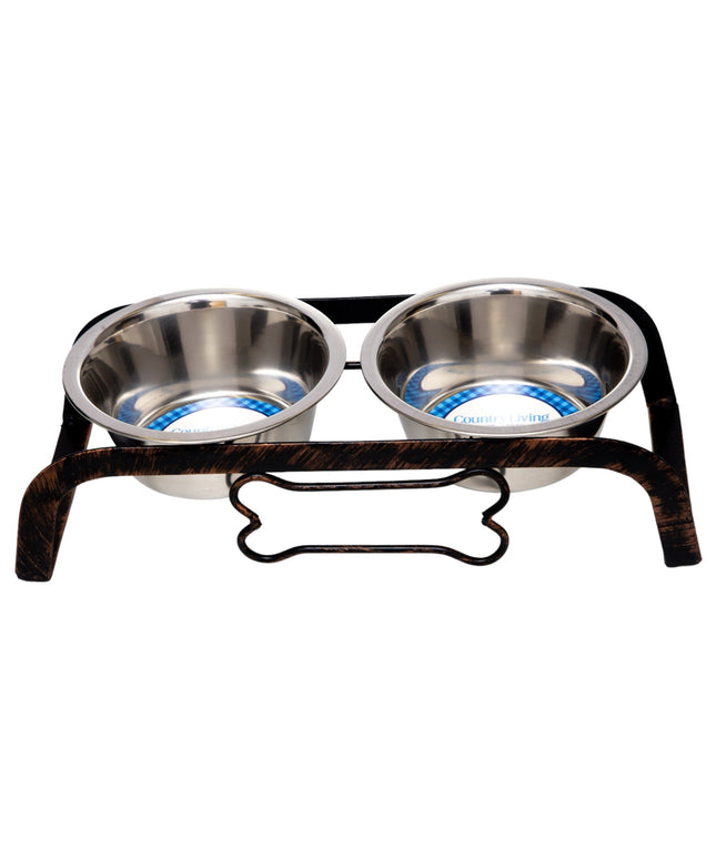 Country Living Rustic Dog Bone Elevated Feeder with 2 Stainless Steel Bowls