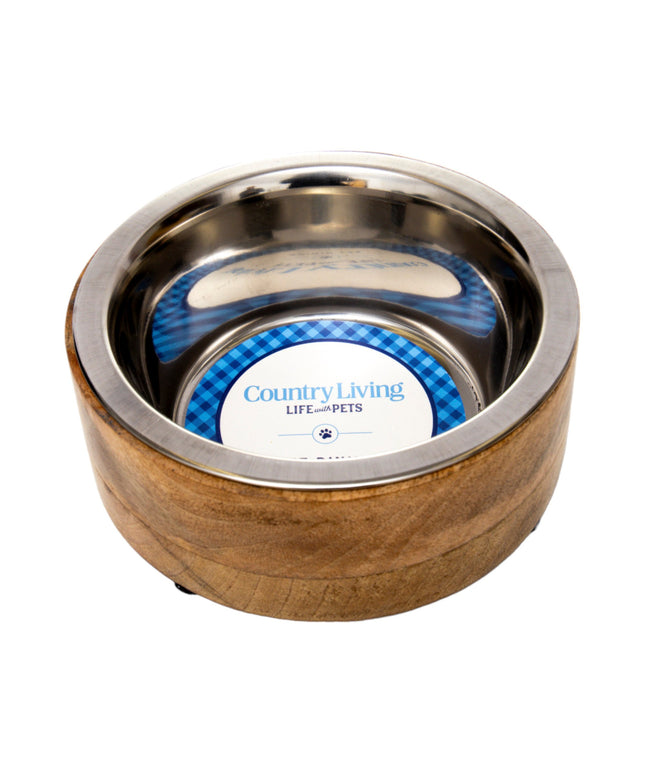Country Living Stainless Steel Dog Bowl with Cylindrical Mango Wood Holder