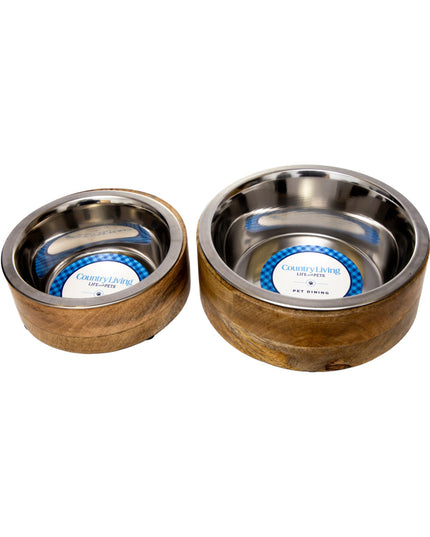 Country Living Stainless Steel Dog Bowl with Cylindrical Mango Wood Holder