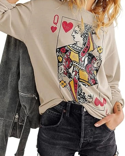 Queen of Hearts Playing Card Graphic Round Neck Sweatshirt
