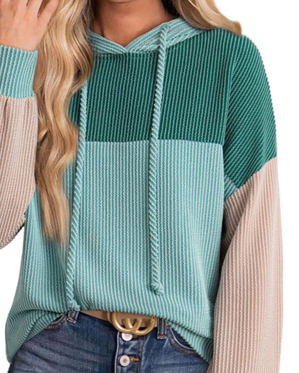 Women Drawstring Color Block Long Sleeve Hoodie