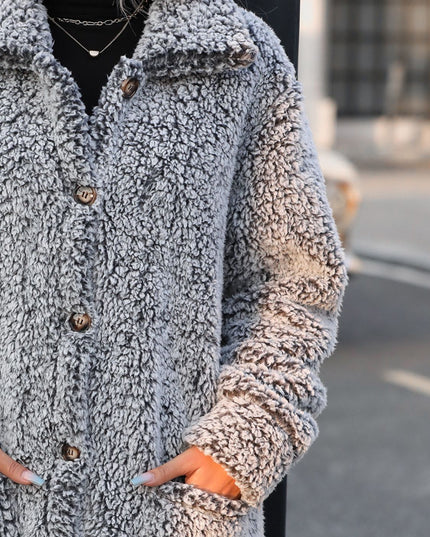 Women Pocketed Collared Neck Long Sleeve Plush Jacket