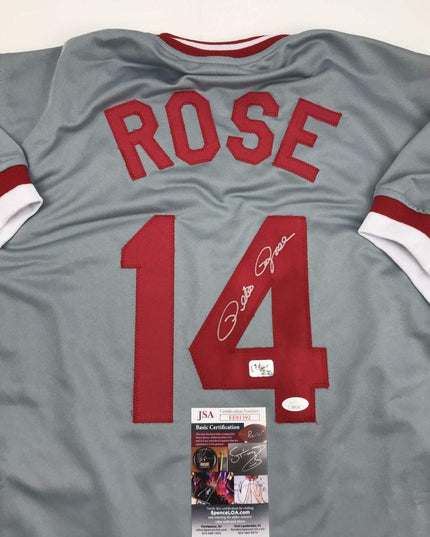 Autographed/Signed Pete Rose Cincinnati Grey Baseball Jersey JSA COA