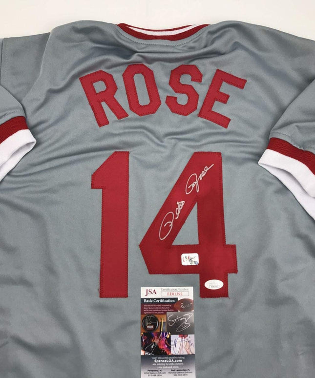 Autographed/Signed Pete Rose Cincinnati Grey Baseball Jersey JSA COA