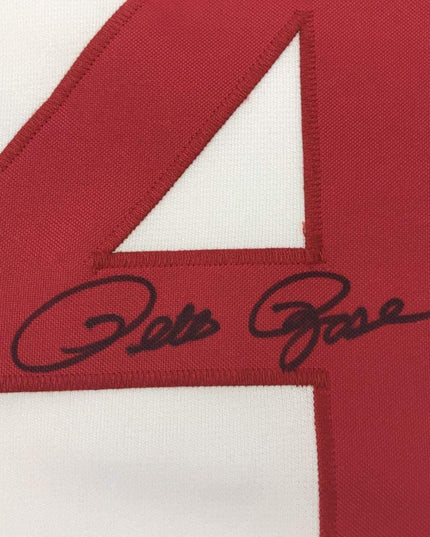 Autographed/Signed Pete Rose Cincinnati White Baseball Jersey JSA COA