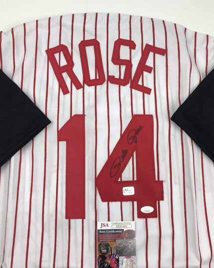 Autographed/Signed Pete Rose Cincinnati Pinstripe Baseball Jersey JSA COA