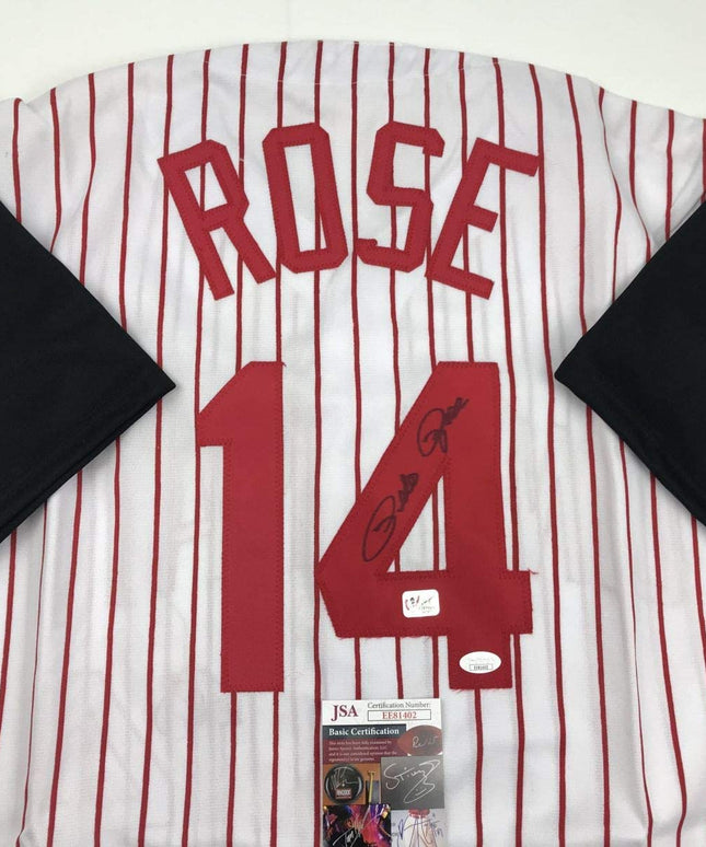 Autographed/Signed Pete Rose Cincinnati Pinstripe Baseball Jersey JSA COA