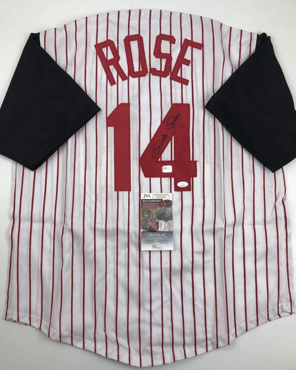 Autographed/Signed Pete Rose Cincinnati Pinstripe Baseball Jersey JSA COA