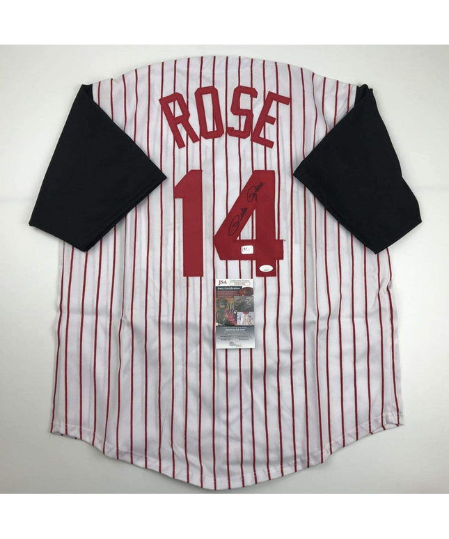 Autographed/Signed Pete Rose Cincinnati Pinstripe Baseball Jersey JSA COA
