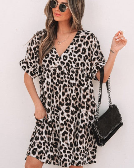 Brinley Cheetah Backless V Neck Loose Fit Mini Dress