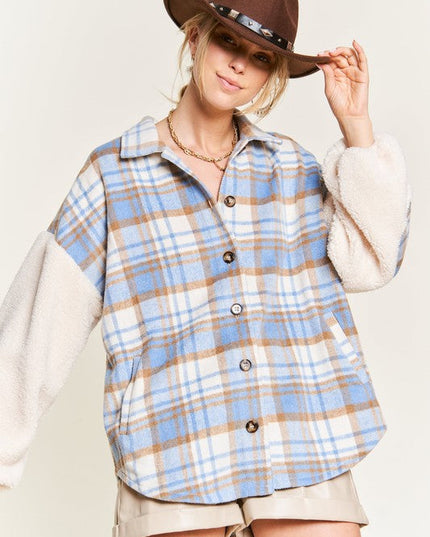 Multi plaid fuzzy sleeve jacket JJO1023