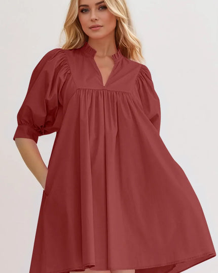 Oh Frill Notched Puff Sleeve Babydoll Mini Dress