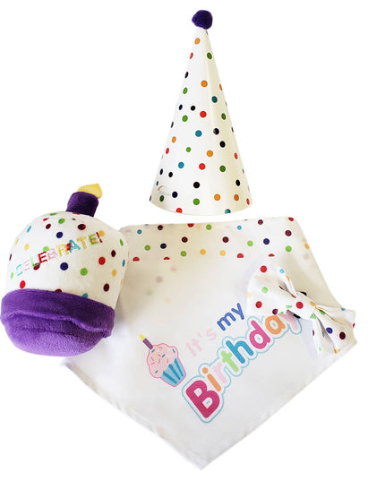 4-Piece Dog Birthday Kit – Celebrate in Style with Bandana, Hat, Bow Tie & Plush Toy