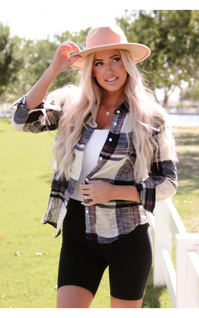 Women Distressed Raw Edge Plaid Print Shirt