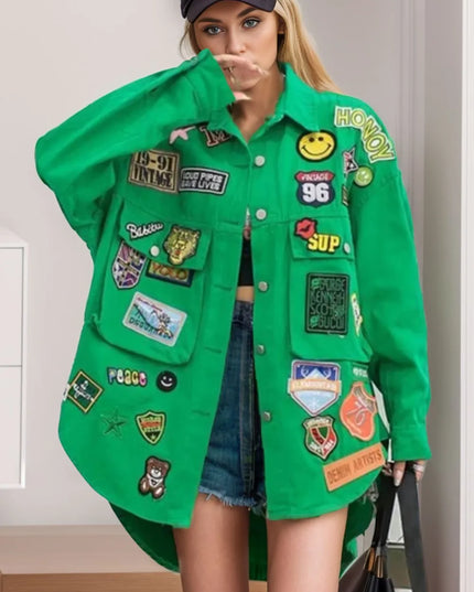 Embroidered Patch Button Up Long Sleeve Denim Jacket