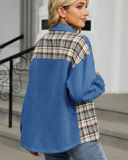 Plaid Button Up Long Sleeve Denim Jacket